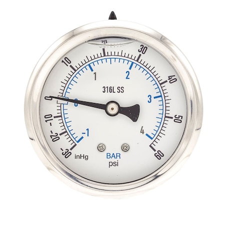 Pro 2 1/2 in Dial, 30 in Hg Vac/0/60 PSI & Bar, 1/4 in NPT, Back Mount Glycerin Filled Pressure Gauge PRO-302L-254CD-01